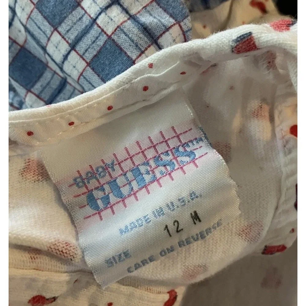 True Vintage BABY GUESS ROMPER Blue Plaid Red Hearts Peplum Ruffle 12 M